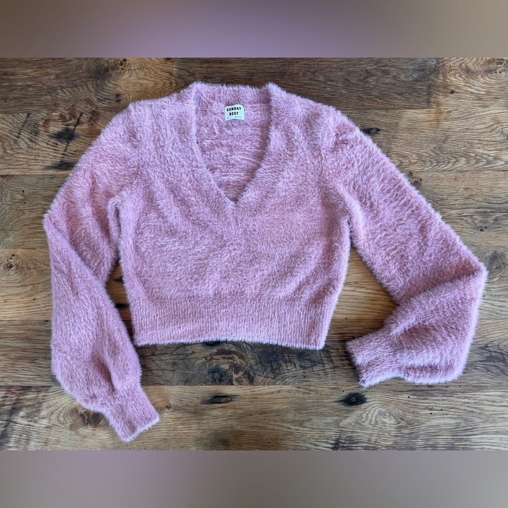 Sunday Best Pink Fuzzy V-Neck Sweater